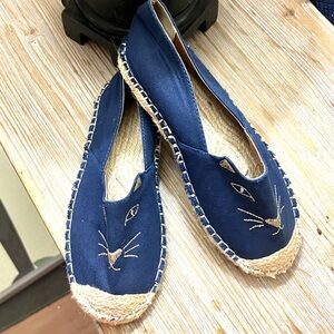 Navy Cat Face Embroidered Espadrilles | Canvas Slip-On Flats NWOB, Size 39